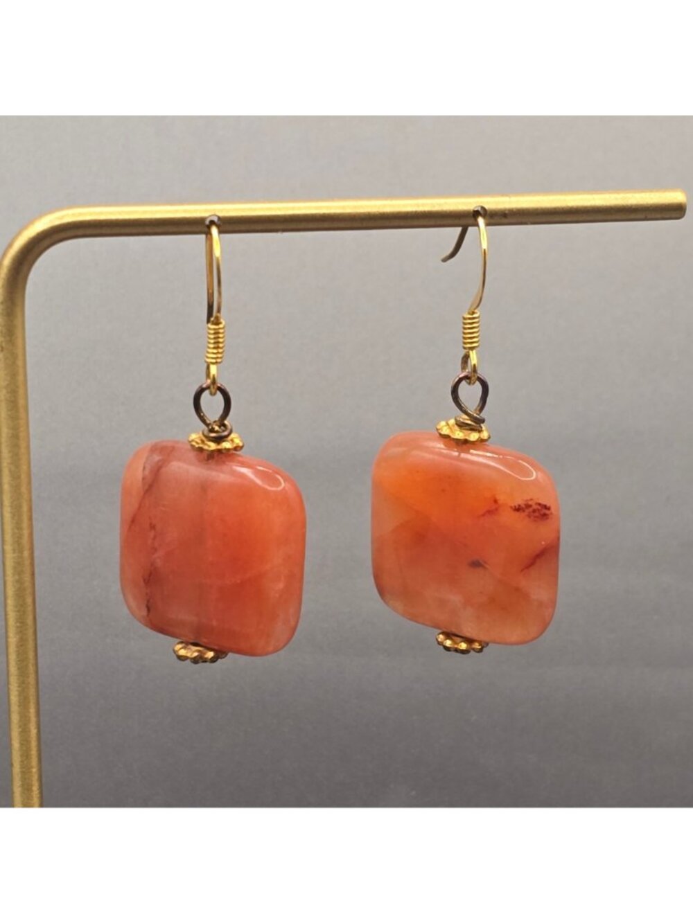 VTG Carnelian Dangle Earrings 1.75" Mixed Metal Floral Caps Bohemian Statement - Picture 2 of 13